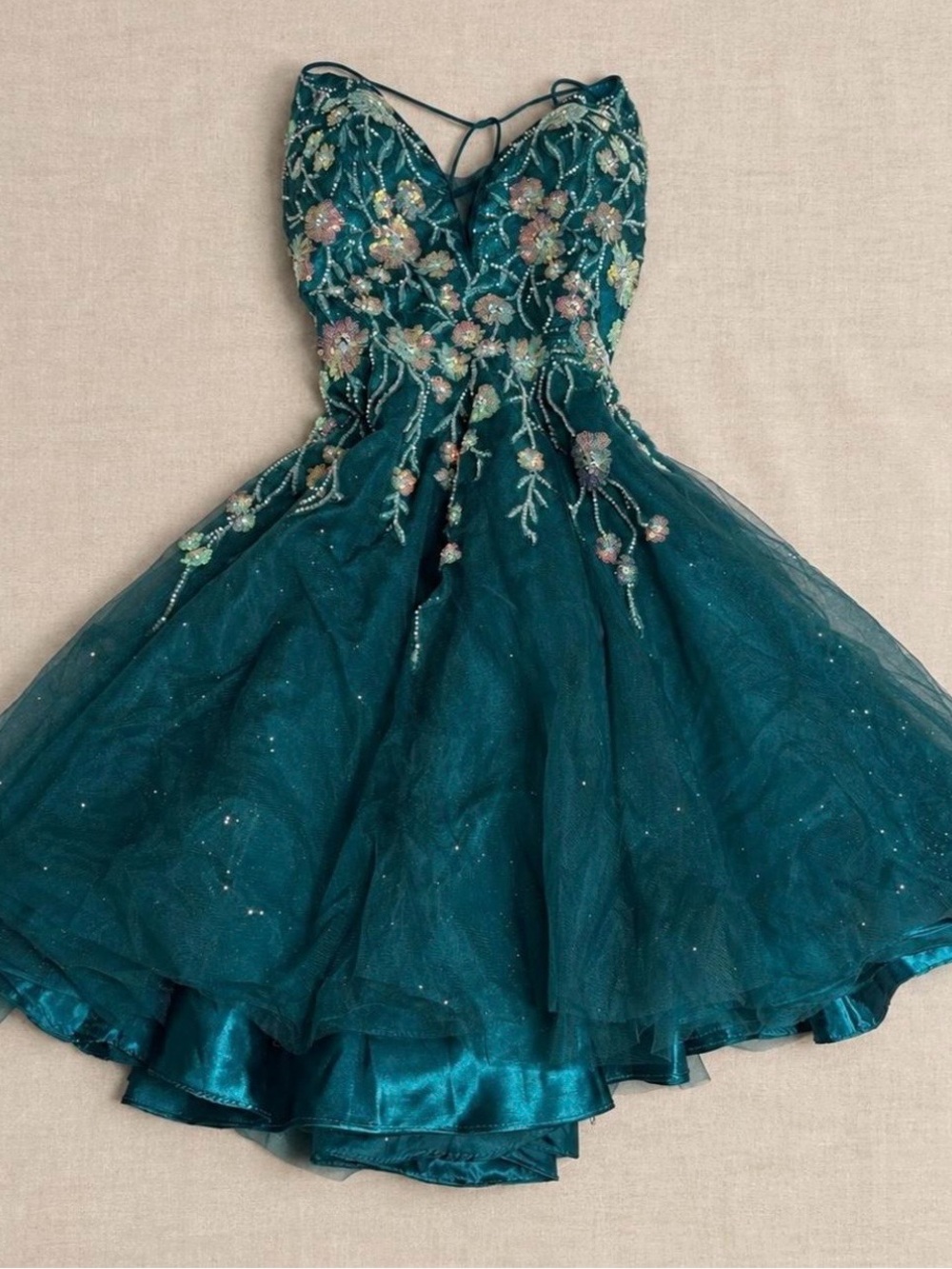Teal Floral Embellished Mini Dress - Strapback Party Dress